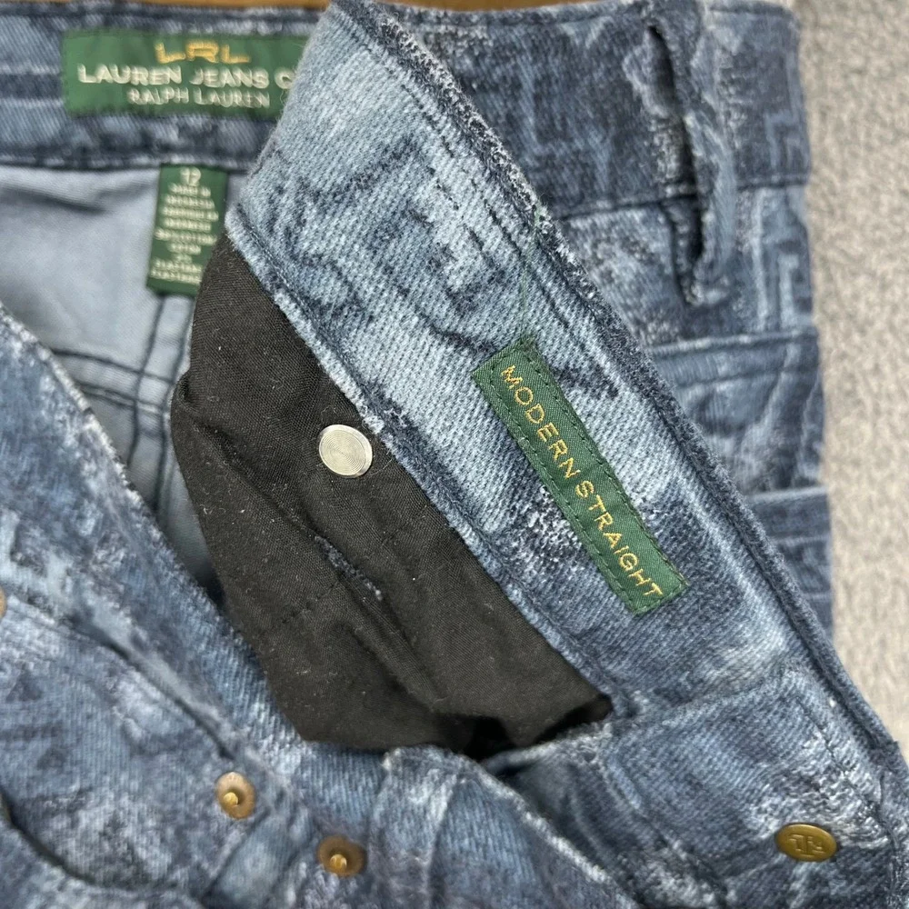Lauren Ralph Lauren Straight Pants Women 12 Blue Southwestern Tribal Print Denim